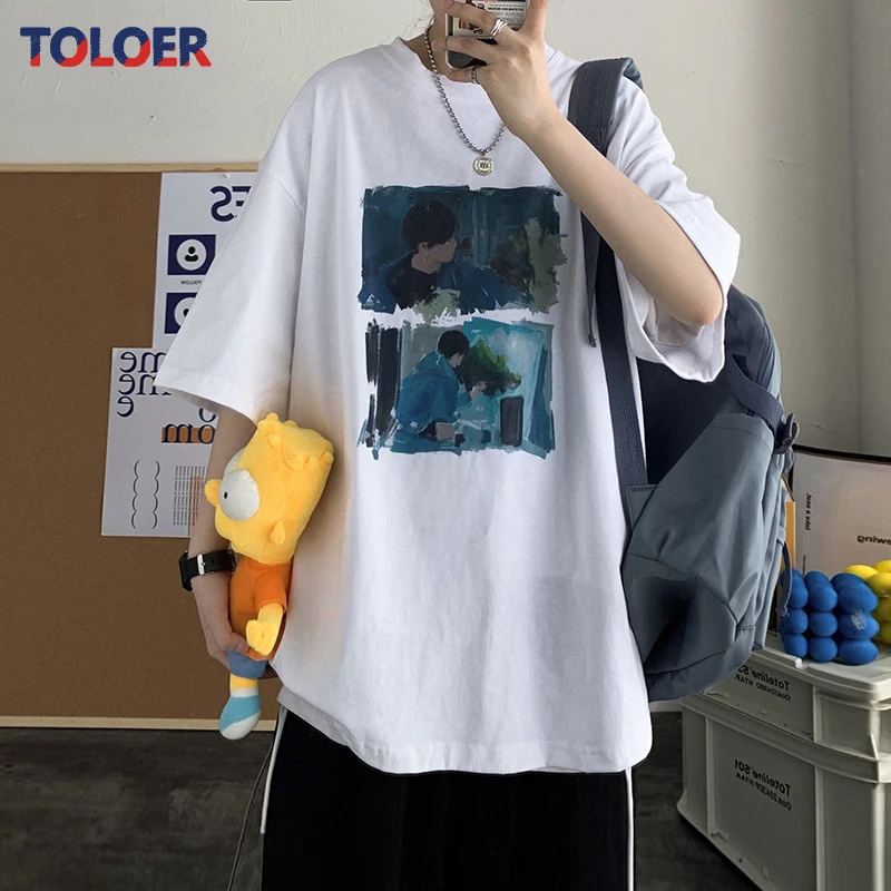 

New Summer short-sleeved men's tide brand Korean version of the loose Harajuku trend American oil painting half-sleeved T-shirt