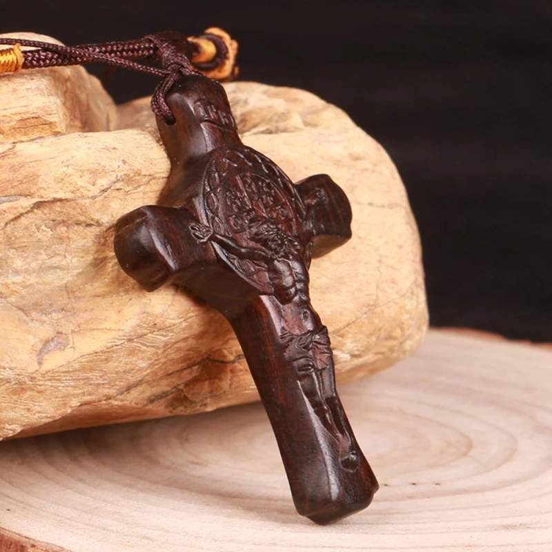 Ожерелья с деревянным крестом для мужчин Регулируемая кожаная искусственная