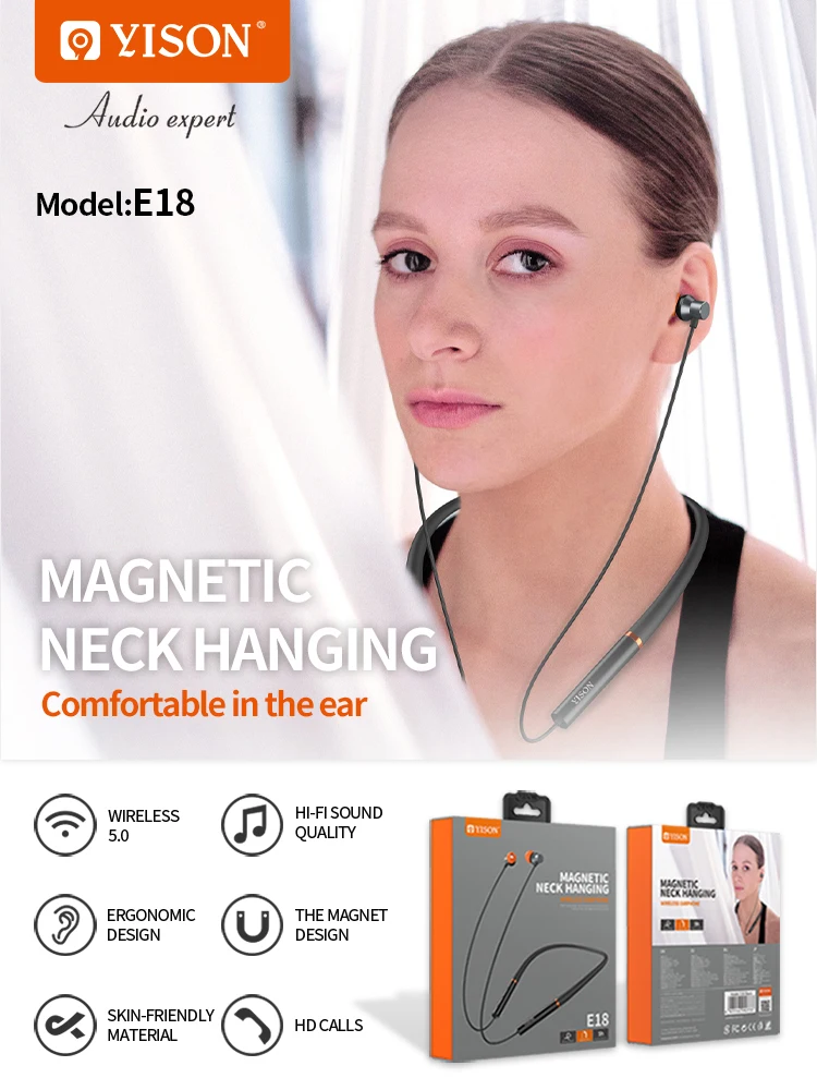 

Yison E18 HiFi Headphones Bluetooth 5.0 Wireless Earbuds Magnetic Wireless Neckband Earphone with Mic Neck-hanging Sport Headset