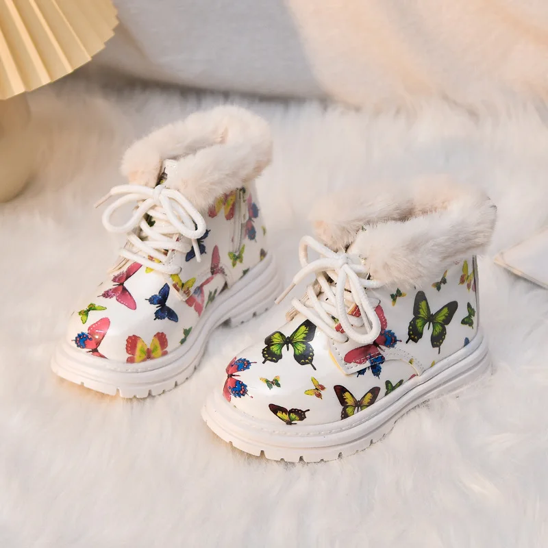 Girls' Boots 2024 Winter New Butterfly Print Baby Short Fashion Thicken Plush Children Ankle Warm Kids Cotton Shoes