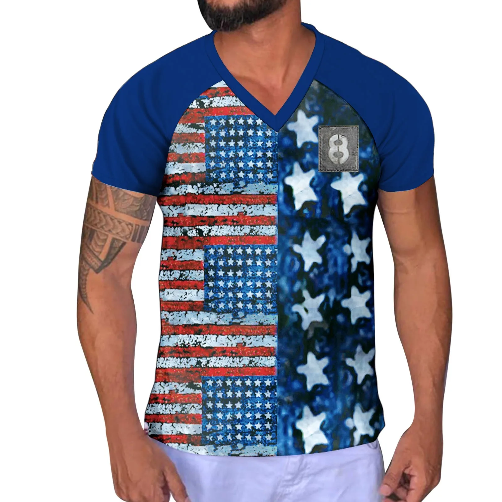 

Мужской летний Повседневный Спортивный пуловер с блокировкой независимости, американский флаг, рукава реглан, V-образный вырез для мальчик...