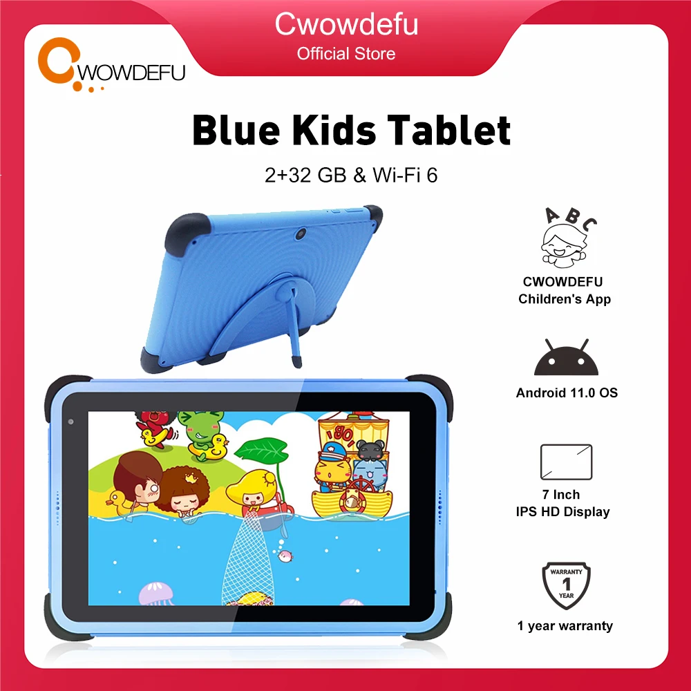 Синий 7 дюймов HD IPS Детские планшеты Android 11 WIFI 6 Quad Core 2GB 32GB 3000mAh G-сенсор Обучающие