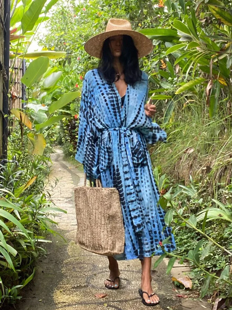 

Хлопковое пляжное кимоно Tie Dye, купальник, богемное бикини большого размера, накидка с рукавом «летучая мышь», Длинная женская одежда