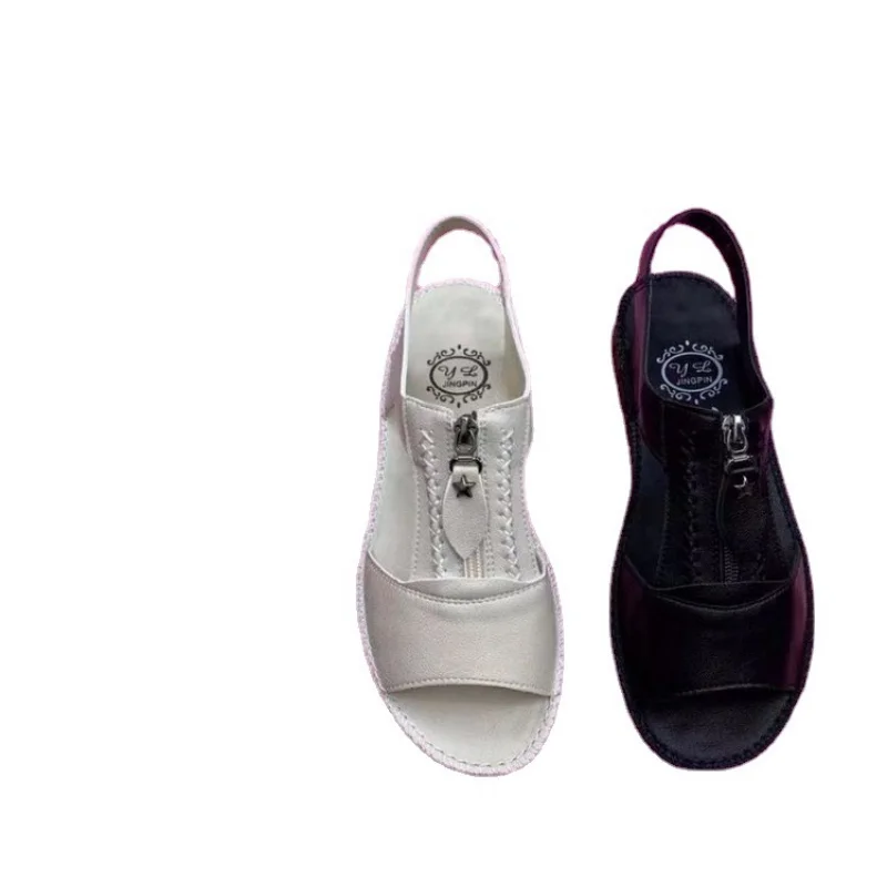 Summer Shoes for Women Sandals Pu Leather Comfort Mother Shoes Zipper Flat Solid Color Plus Size Fashion Sandalias De Mujer