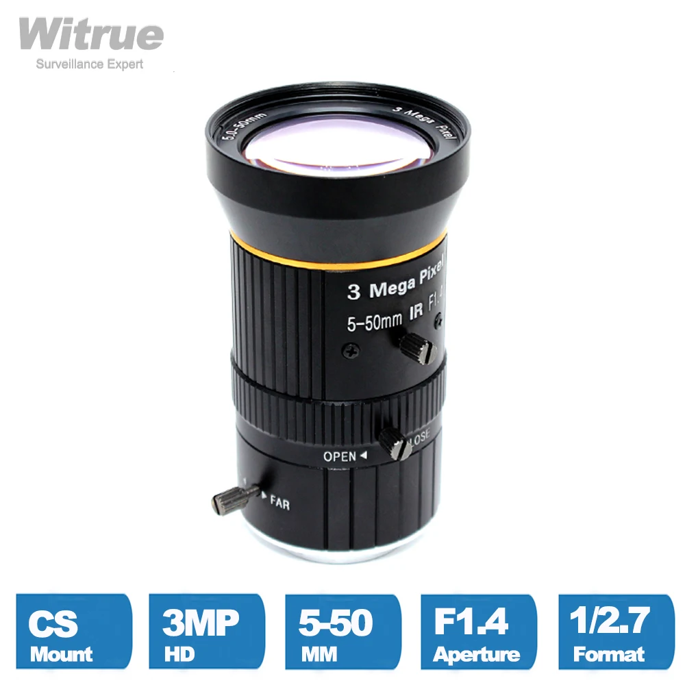 

Witrue варифокальный объектив 5-50 мм HD 3,0 мегапикселей с ручным креплением CS Iris 1/2.7 "F1.4 для промышленных камер видеонаблюдения IP-камера
