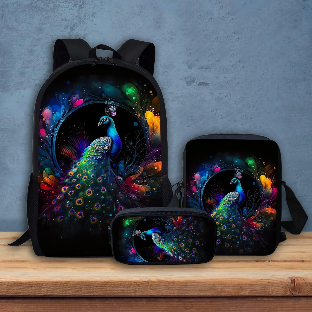 

Elegant Peacock Backpack for Student Beautiful Animal Casual Crossbody for Teenager School Pencil Box 3 Pcs/Set Durable Mochilas