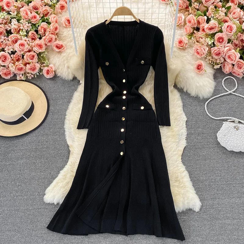

Spring Women Korean Chic Knitted Dress Long Sleeve Single Breasted A-line Dresses Chic Streetwear Sexy Split Sweater Dress Robes