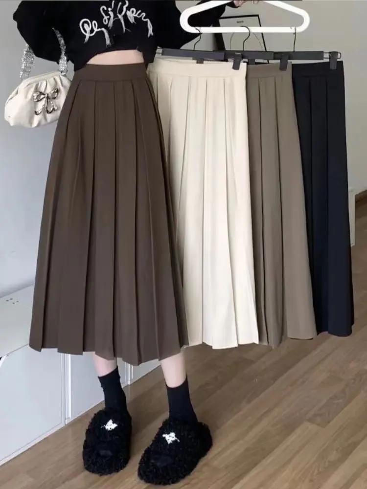 Curry Pleated Skirt Women's Small Mid-length Spring New Hanging High Waist A- line Umbrella Skirt Skirt