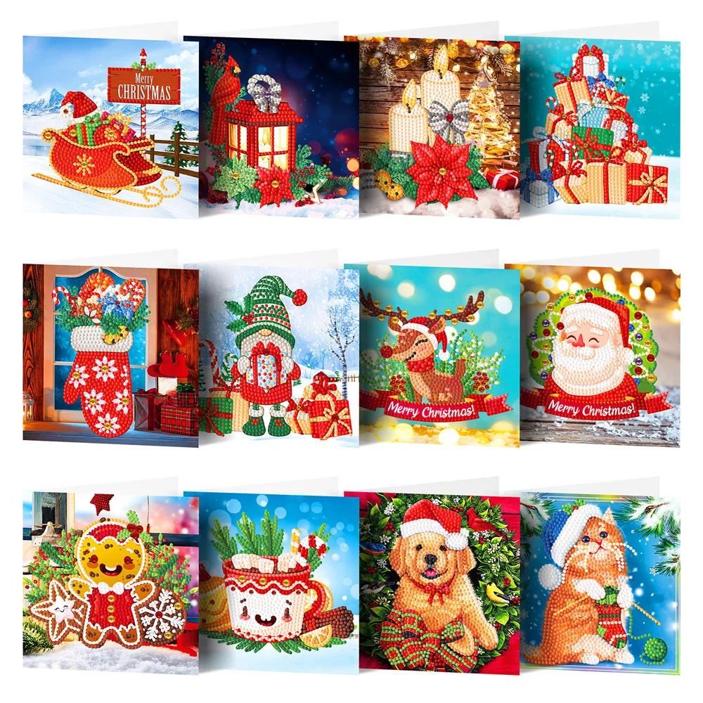 

12Pcs New Christmas Cards Diamond Painting Greeting Cards 5D Diamond Embroidery Diamond Mosaic Set DIY Holiday Christmas Gifts