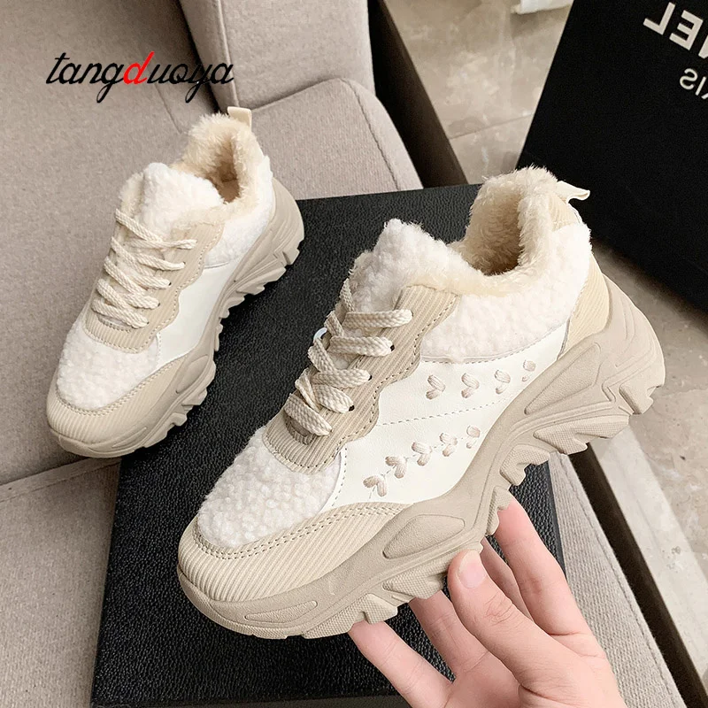 winter sneakers women fur luxury designer Plush winter sport shoes woman thick platform shoes running shoes Cotton Padded shoes