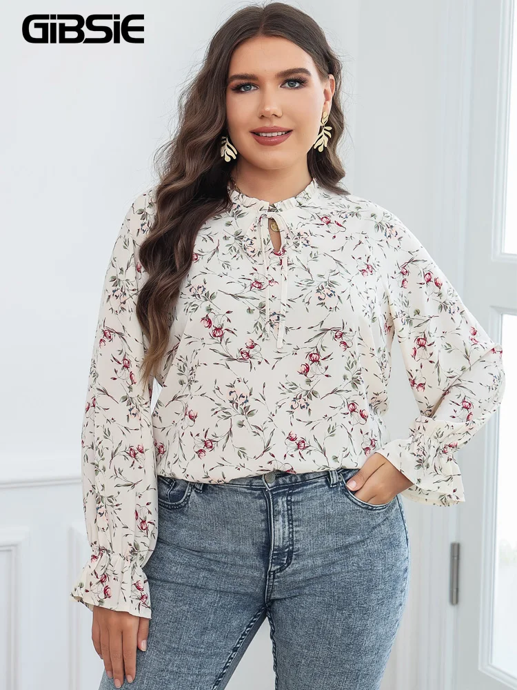 

GIBSIE Plus Size Floral Print Tie Neck Flounce Sleeve Blouse Women Spring Summer Long Sleeve Boho Casual Ladies Tops Blouses