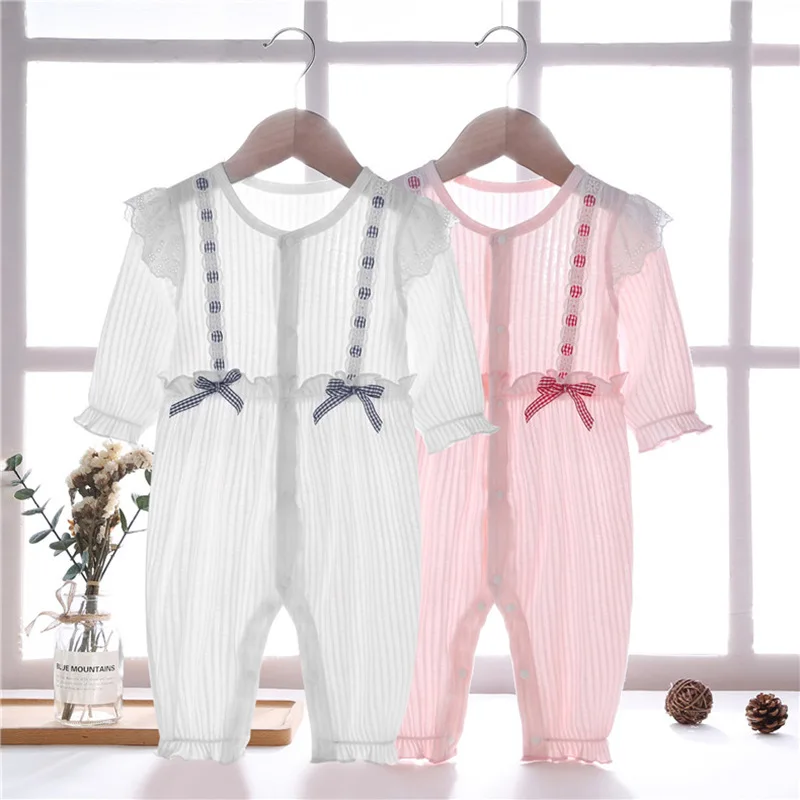 

Spring Cotton Baby Jumpsuit Cute Baby One Piece Climbing Clothes For Girls Long Sleeved Bow Thin Summer One Piece Clothes