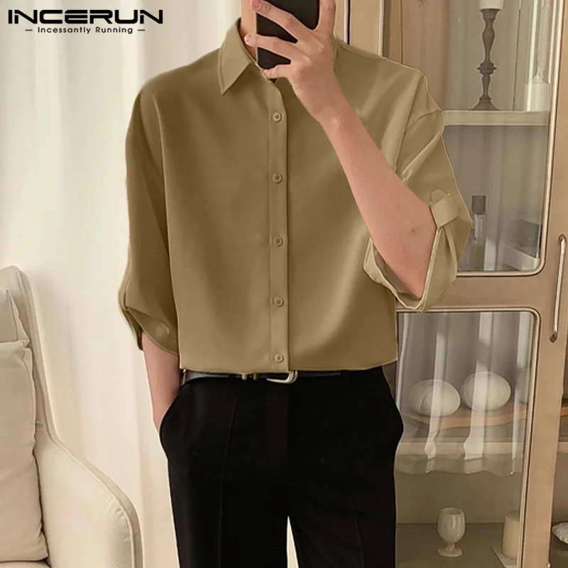 

Handsome Well Fitting Tops INCERUN Men's Stylish Solid All-match Shirts Casual Streetwear Style Male Short Sleeved Blouse S-5XL