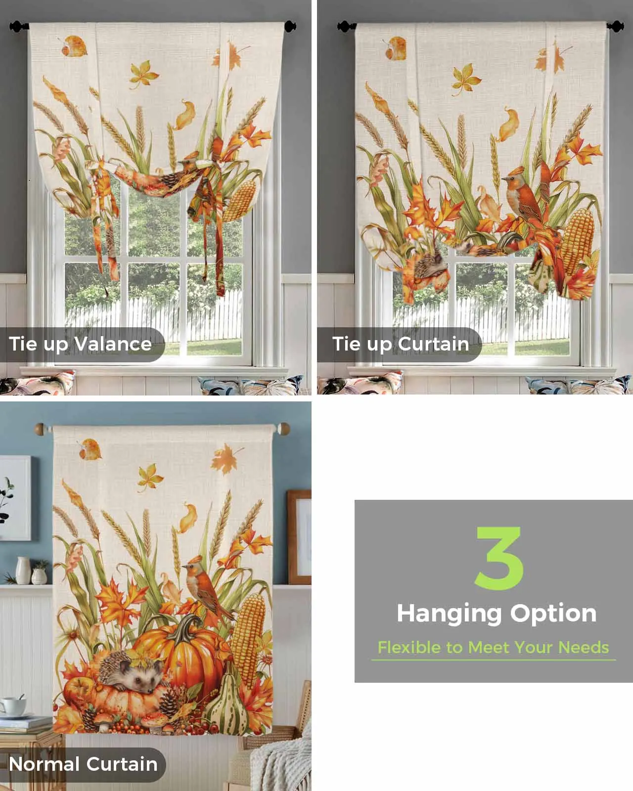 Осенняя занавеска с изображением тыквы пшеницы ушей Ежика оконная для гостиной