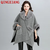 6 colors 2022 light grey winter warm poncho cloak faux rabbit fur neck loose coat batwing sleeves oversize jacket with pocket