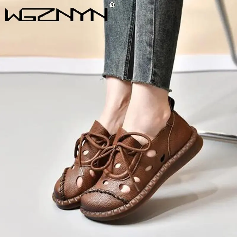 

Новинка 2023 модные кожаные сандалии на плоской подошве женская обувь с круглым носком Повседневная женская мягкая простая обувь ручной работы в национальном стиле