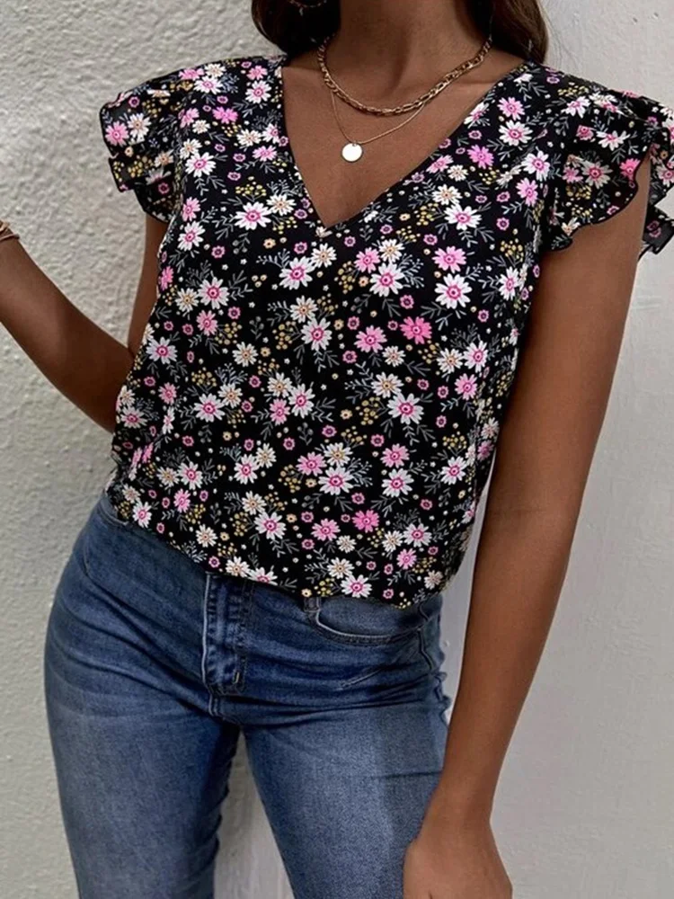 

2022 New Fresh Floral Print T-Shirt Tops Sexy V-Neck Ruffle Sleeve Pullover Tops Summer Office Commuter Casual Loose Ladies Tops