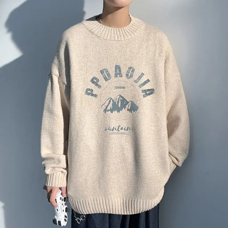 

Harajuku Letter Print Sweater for Men Korean Fashion Round Neck Knitted Pullover Coat Autumn Long Sleeve Tops Pull Homme