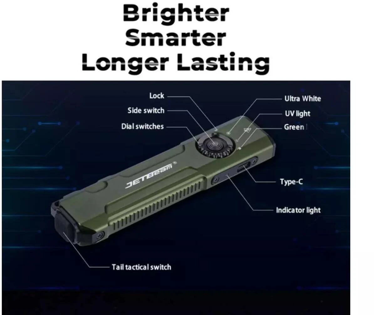 Фото Фонарь JETBEAM E26 3-в-1 (белый свет + УФ 365 нм + зеленый луч) EDC, 2000 люмен, перезаряжаемый через USB-C №4