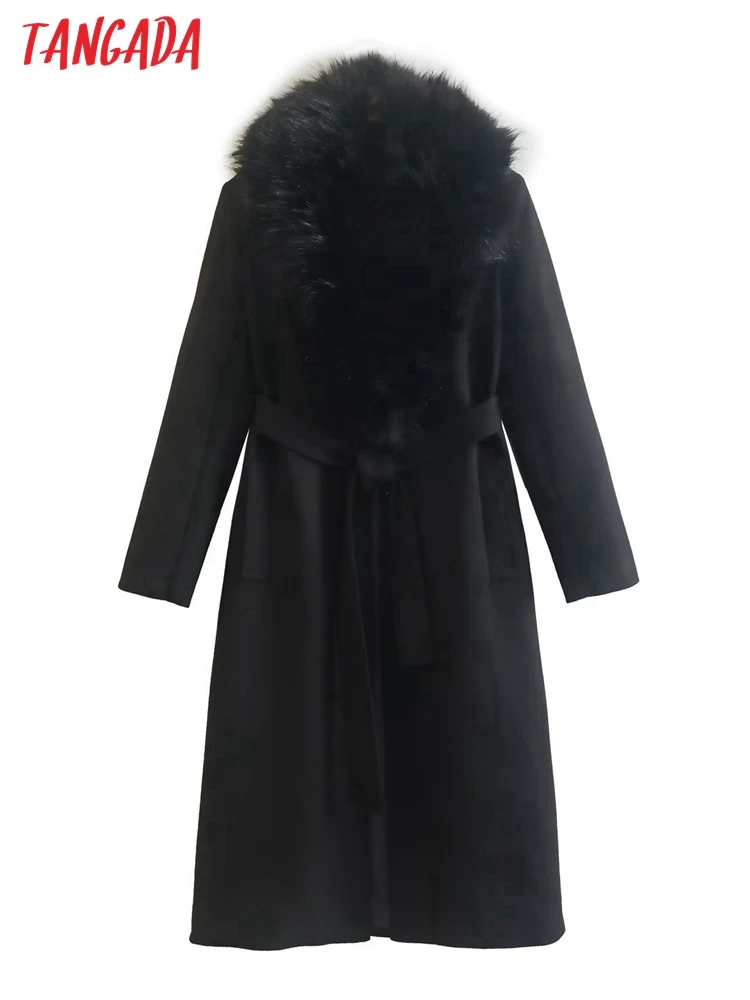 

Tangada Women 2022 Thick Warm Fur Collar Long Woolen Coat With Slash Long Sleeve Female Overcoat QD127