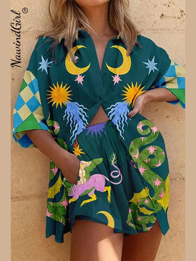 

Printed Shirts Shorts Women 2 Piece Sets 2023 Half Sleeve Single Breasted Loose Holiday Shirt Top Outfits Elastic Shorts Suit