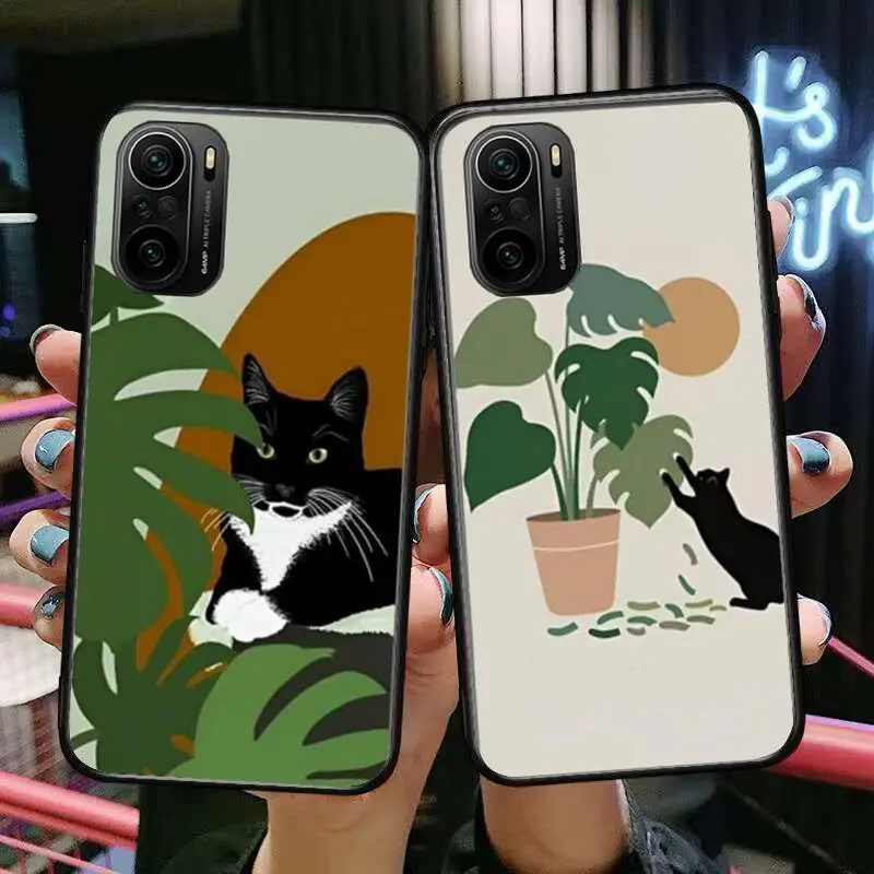 

Leaf Plant Cute Cat Phone Case For xiaomi redmi POCO F1 F2 F3 X3 Pro M3 9C 10T Lite NFC Black Cover Silicone Back Prett mi 10 ul