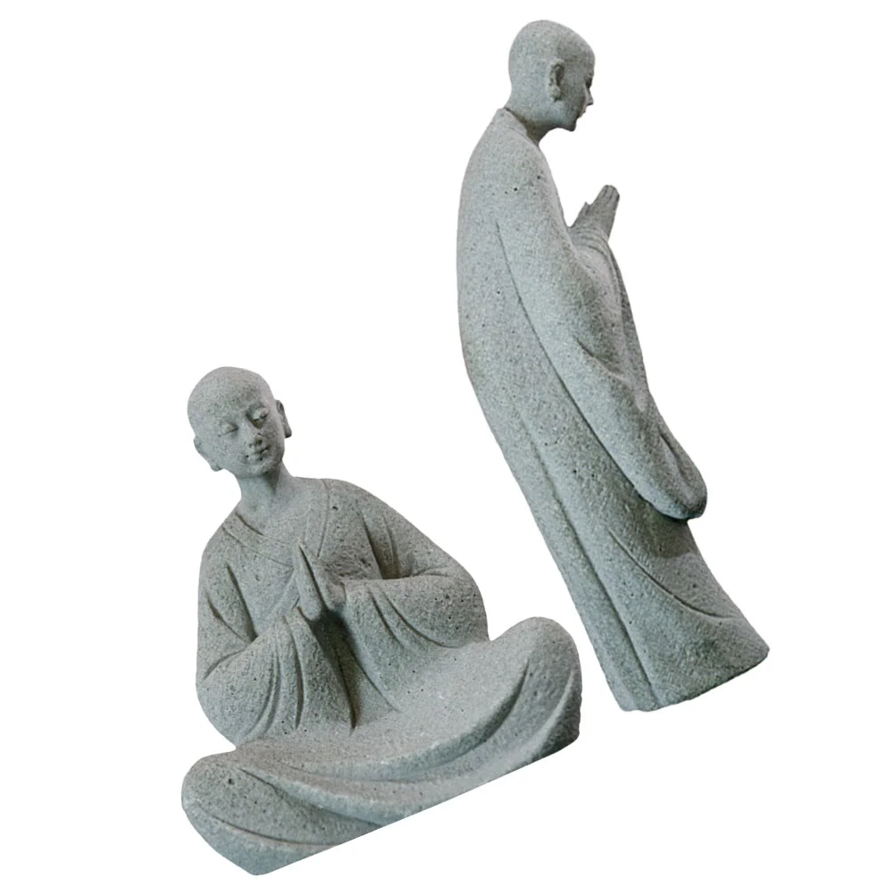 

2 Pcs Micro Landscape Buddha Statue Monk Zen Statues Garden Decor Little Figurine Mini Stone Figurines Desktop