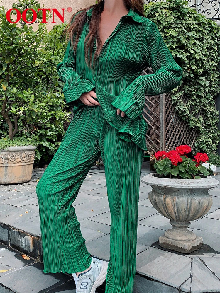 OOTN Pleated 2 Pieces Outfit Green Summer Lapel Shirt Street Women Suits Chic Elastic Waist Straight Pants Sets Casual Daily