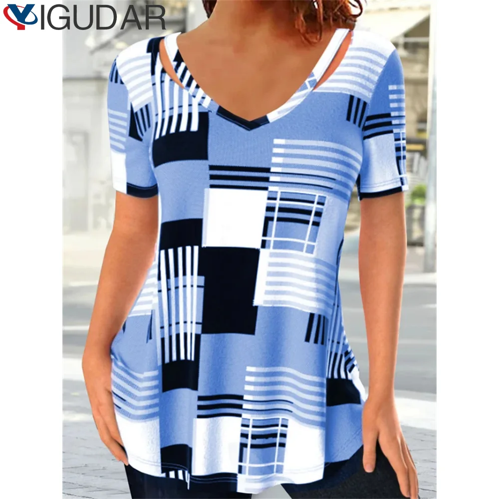 

New 2023 Summer Women's Fashion Plaid Print Loose Pullover Short Sleeve T-Shirt Sexy Hollow V-Neck Oversized Casual Top tees
