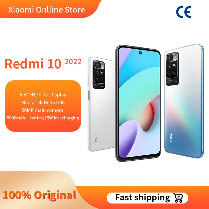 

【XIAOMIMI02】 Global Original Xiaomi Redmi 10 2022 4GB/128GB Cellphone MediaTek Helio G88 50MP AI Quad Camera 90Hz FHD Display