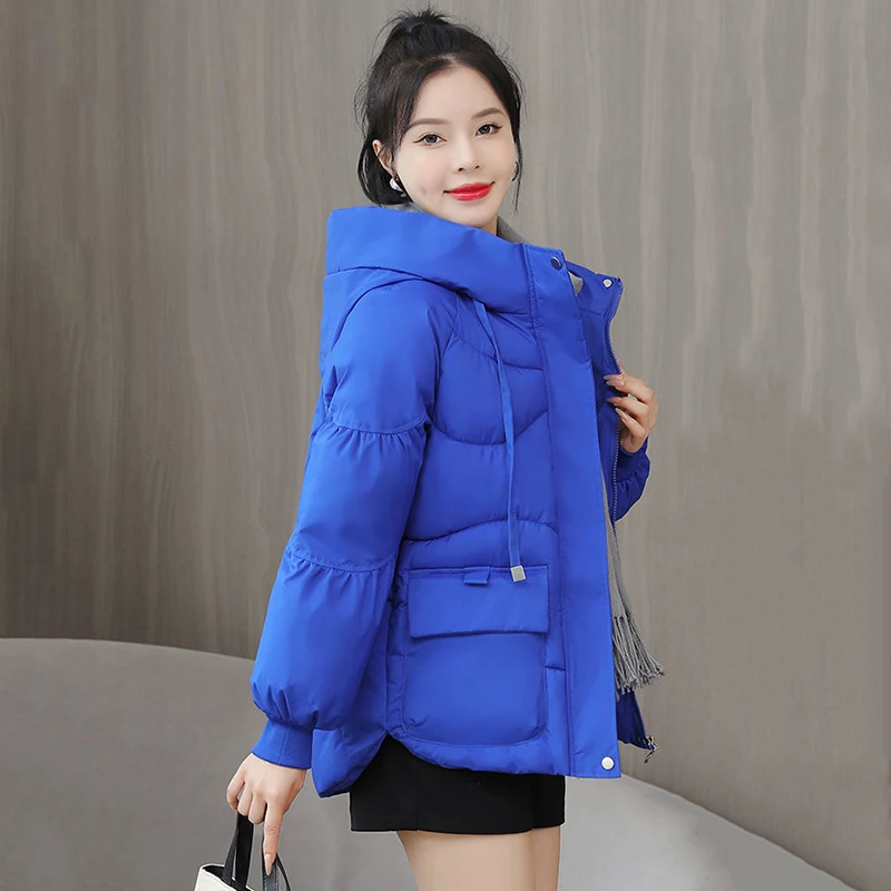 Hooded Loose Cotton Padded Thicken Parkas Korean Long Sleeve Pockets Jacket 2022 Elegant Snow Wear Windproof Warm Winter Coat