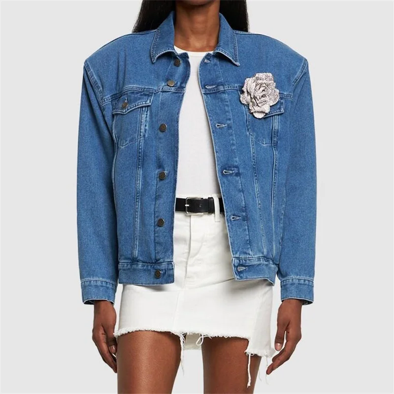 

Женская джинсовая куртка, корейская мода, Женское пальто с 3D цветочным украшением, высококачественный топ из чистого хлопка с длинными рукавами, осень 2023
