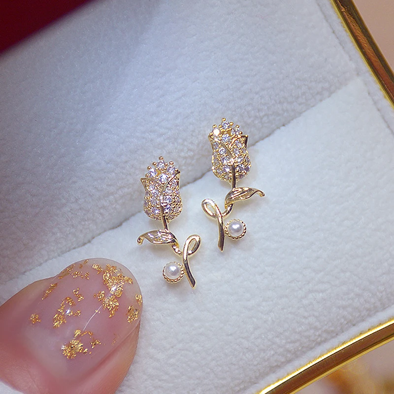 

Korea New Design Fashion Jewelry 14K Real Gold Plating Exquisite AAA Zircon Tulip Earring Elegant Women's Daily Work Accessories