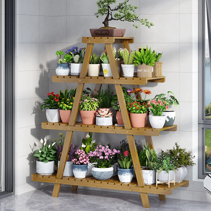 Simple Bamboo Trapezoidal Flower Stand Indoor Balcony Flower Rack Pot Storage Rack Succulent Floor Ladder Flower Stand