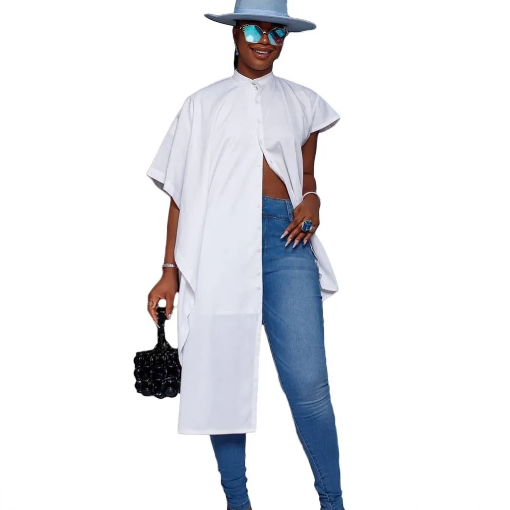 

Женская одежда в африканском стиле, белая рубашка с коротким рукавом, модные блузки с асимметричными пуговицами, элегантные свободные приталенные топы, весна 2022, новая модель