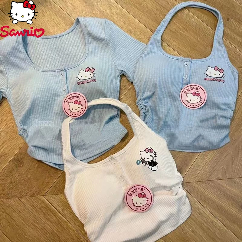 Sanrio Hello Kitty Crop Tops Y 2k Aesthetic White Pink T-shirt Youthful Women Clothing 2023 Summer blue Corset Top With Bra Yk2