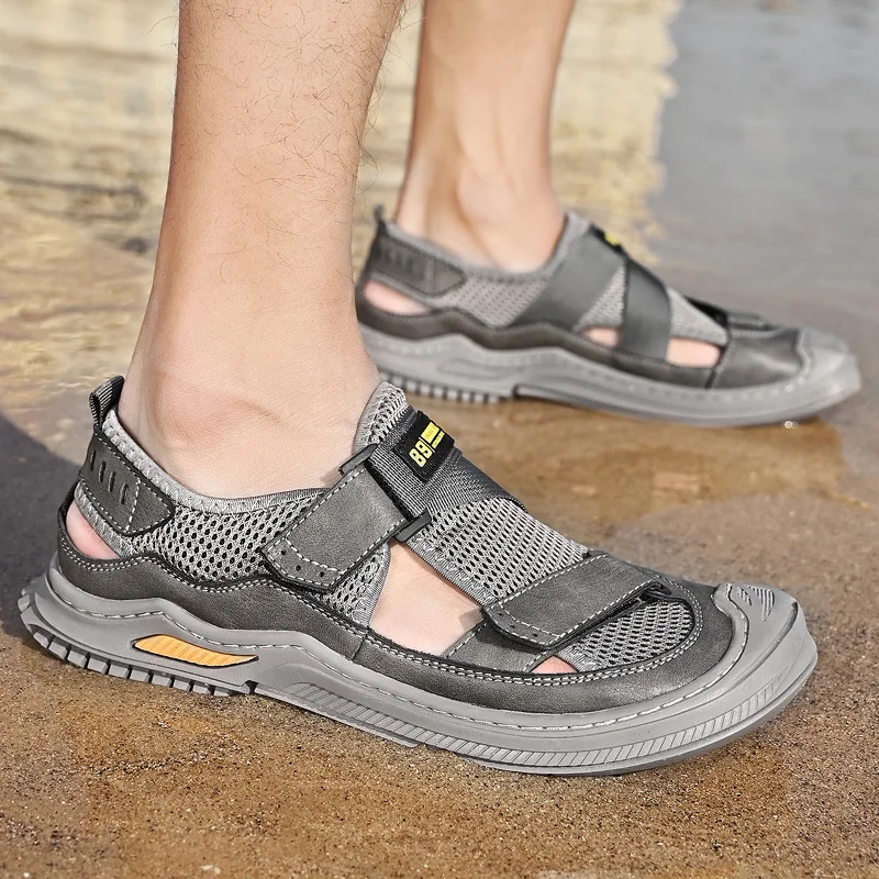 HIKEUP Summer Men Sandals Mesh Breathable Outdoor Sports Leisure Shoes Hand-Made Anti-Collision Wear-Resistant Quick-Drying