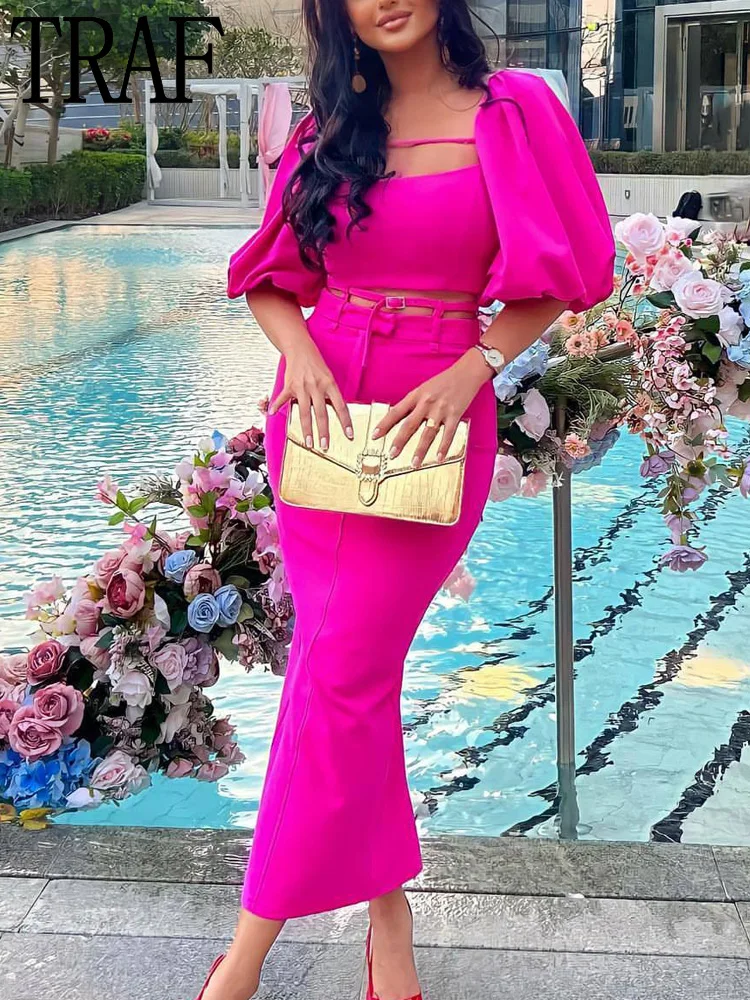 

TRAF Rose Crop Top Women Off Shoulder Corset Top Female Summer Puff Sleeve Beach Blouses Women Sexy Backless Tops Women 2022