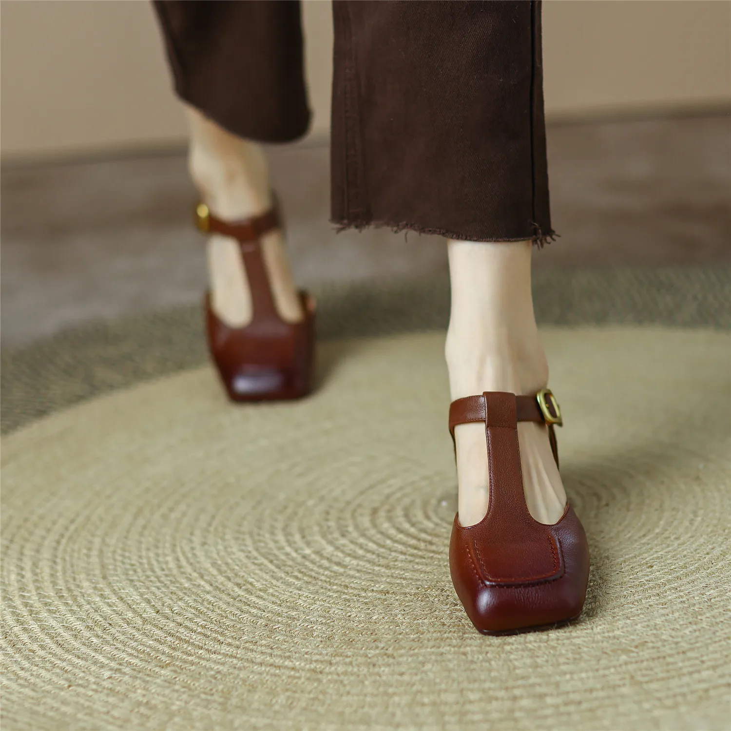 Women Sandals 2023 Summer New Luxury Genuine Cow Leather Low Block Heel Buckle Pure Handmade Quality Shoes Big Size 42 Casual