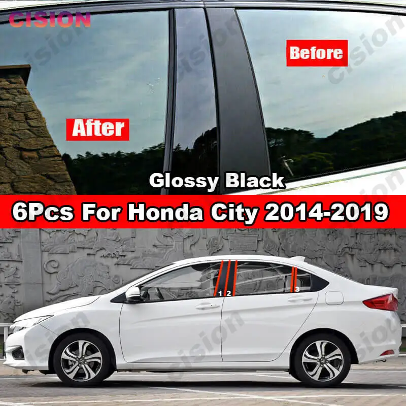 

6x Car Window Door Column BC Pillar Post Cover Trim for Honda City 2014-2019 Glossy Carbon Fiber Black Mirror Effect PC Sticker