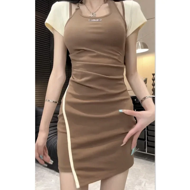 Elegant Sexy Petite Slimming Dress For Women Summer Tight Fitting Waist-Length Short Sleeves Casual Style Round Neck Design
