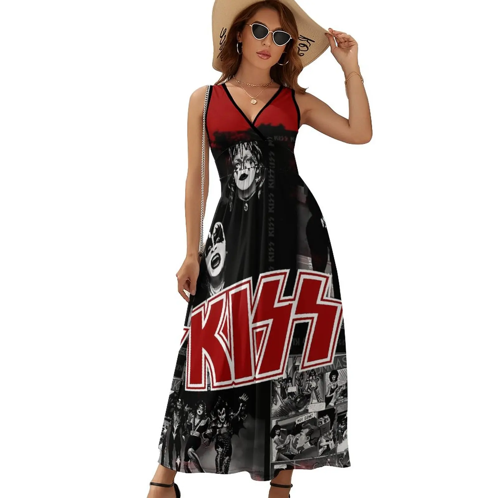 

Kiss Band Dress Women Four Albums Kawaii Maxi Dress V Neck High Waist Street Fashion Pattern Boho Beach Long Dresses