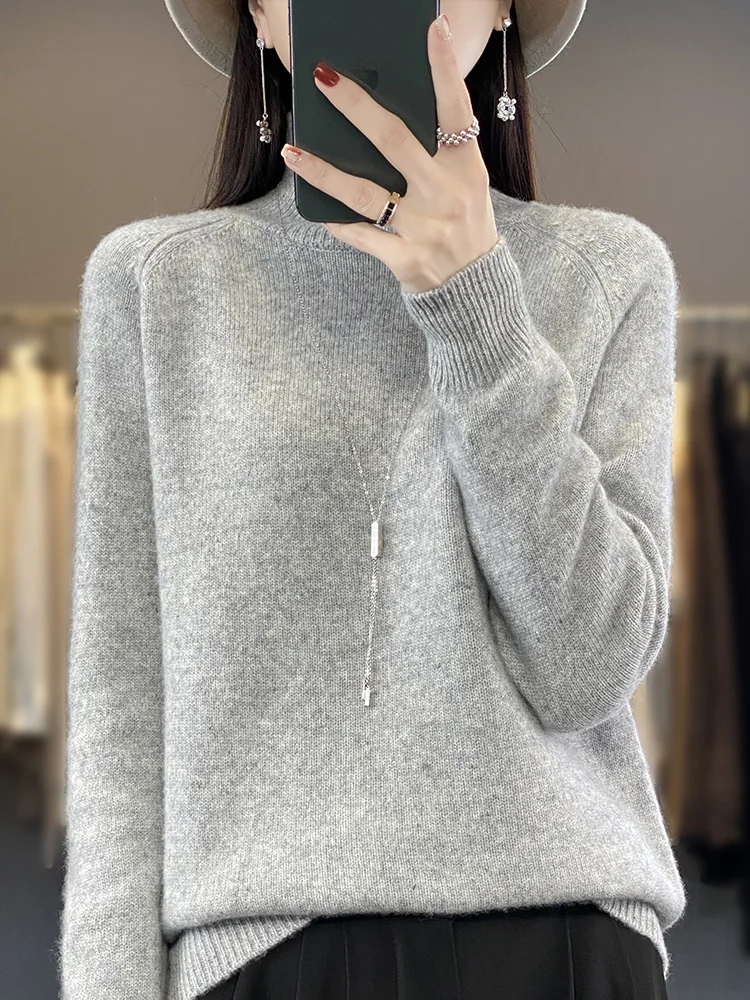 Fashion Basic Autumn Winter Merino Wool Sweater Mock Neck Cashmere Pullover Solid Color Soft Long Sleeve Clothing Tops