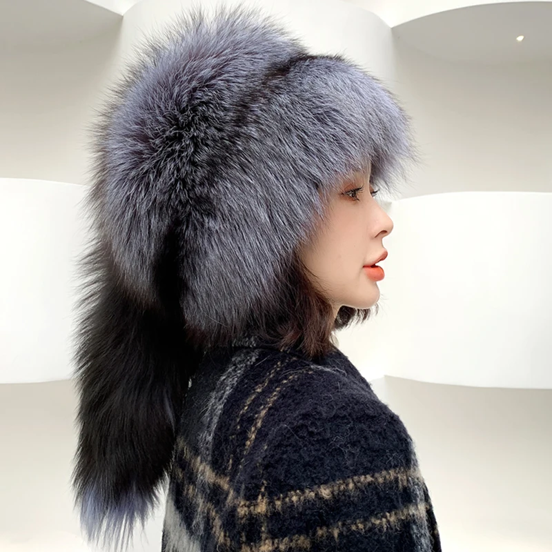 Winter Women Fur Cap Real Genuine Natural Fox Fur Hats Headgear Russian Outdoor Girls Beanies Cap Ladies Warm Fashion Bomber Hat