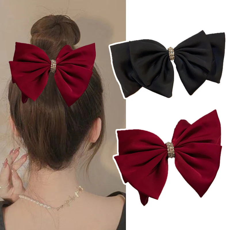 

Korea Fashion Elegant Temperament Satin Bow Spring Clip Simple Double-layer Large Bowknot Hair Clip Hairpin for Women