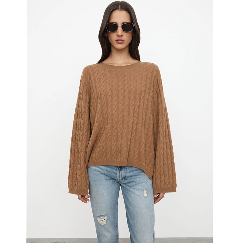 

New Colors!! Totem* Cable Winter Season Cashmere O-neck Casual Loose Style Longer Rear Sweater