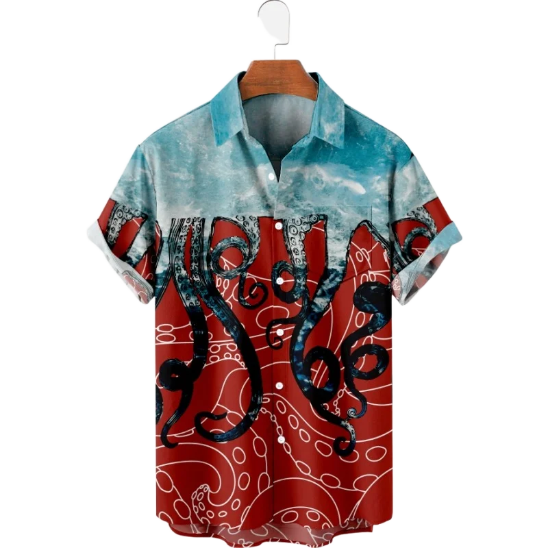 2022 New Men's Casual Breathable Short Sleeved Top Can Be Customized with Fashion Lapel Men's Shirt Summer Squid Tentacles