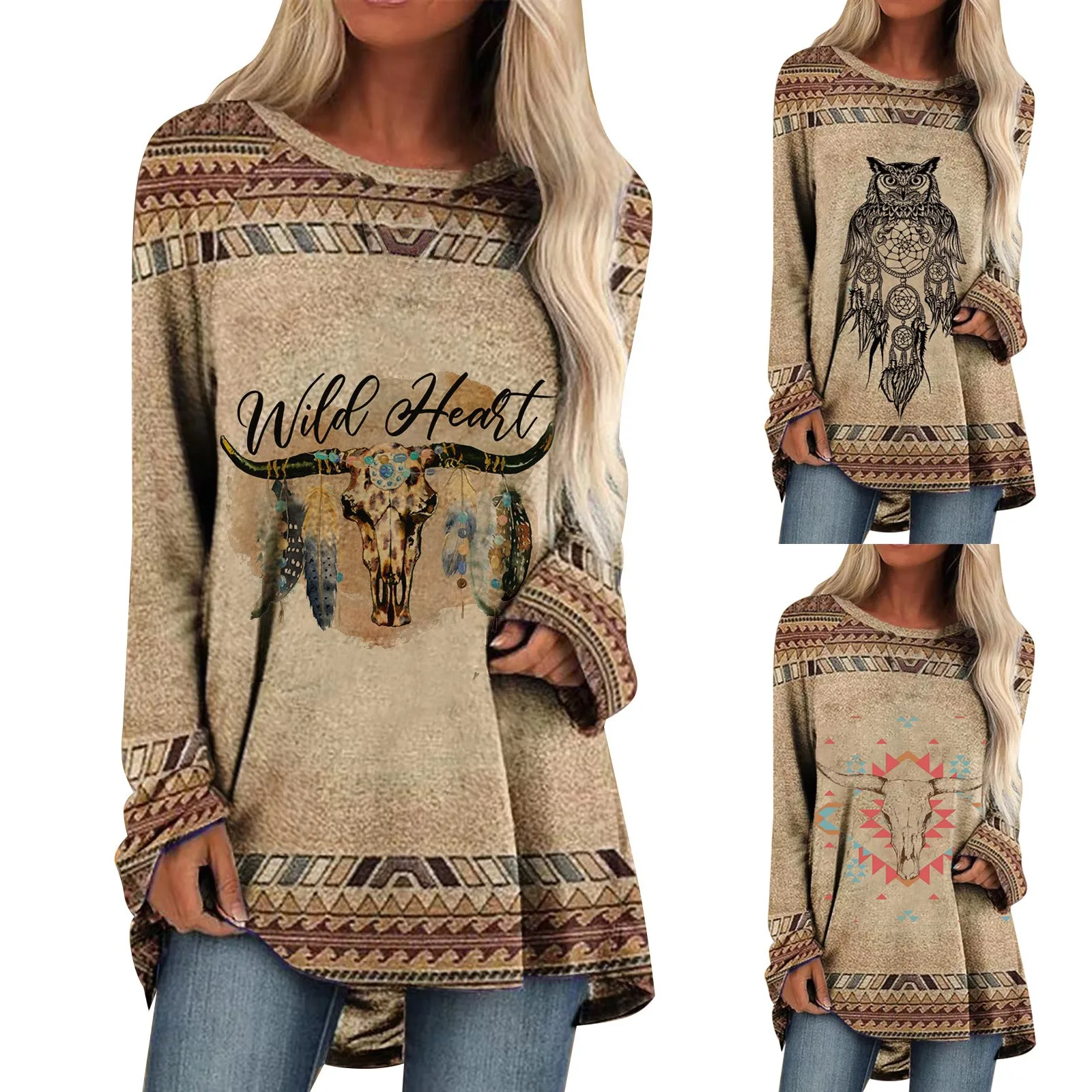 

Женская футболка с геометрическим рисунком на весну и лето, Этническая мода, винтажный этнический стиль, с круглым вырезом и длинным рукаво...