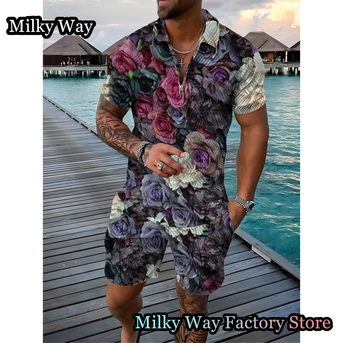 New Summer Men's Vintage Polo Shirt Set 2 Pieces Floral Printing Tracksuit Male Trun Down Collar Outfit Casual Hawaii Clothing