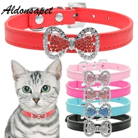 cute bling bowknot cat collar rhinestone bowtie leather cat collar glitter diamond buckle lovely cat collar for kitty neck strap